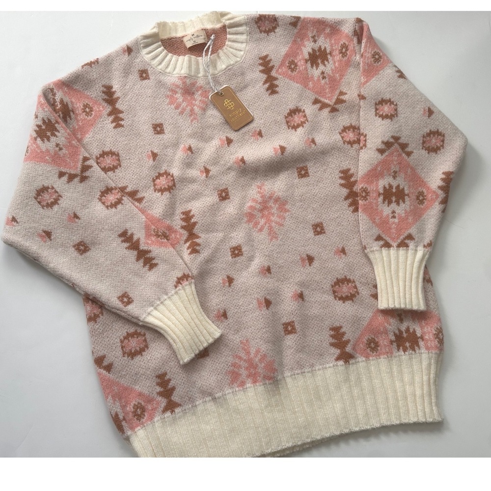 Simply Southern Womens Southwestern Geometric Knit Crewneck Sweater Pink Cream M